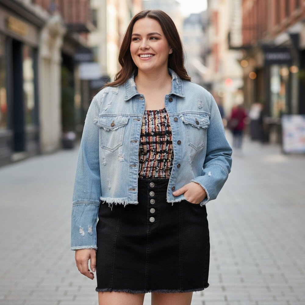 CELLO Distressed Denim Cropped Jacket with fraying. NWOT. Size 2X, 2XL